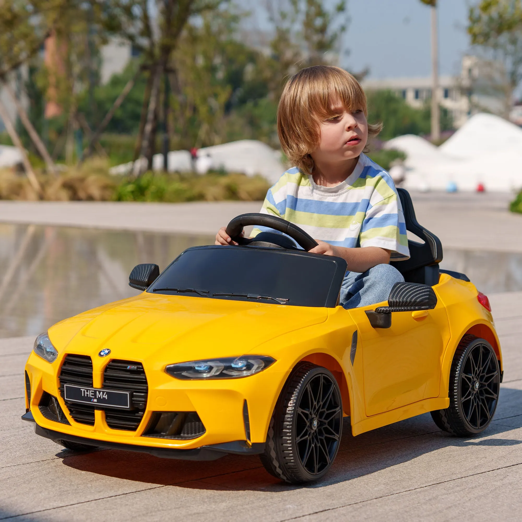 12V BMW M4 Licensed Kids Electric Car w/ Remote, Suspension - Yellow