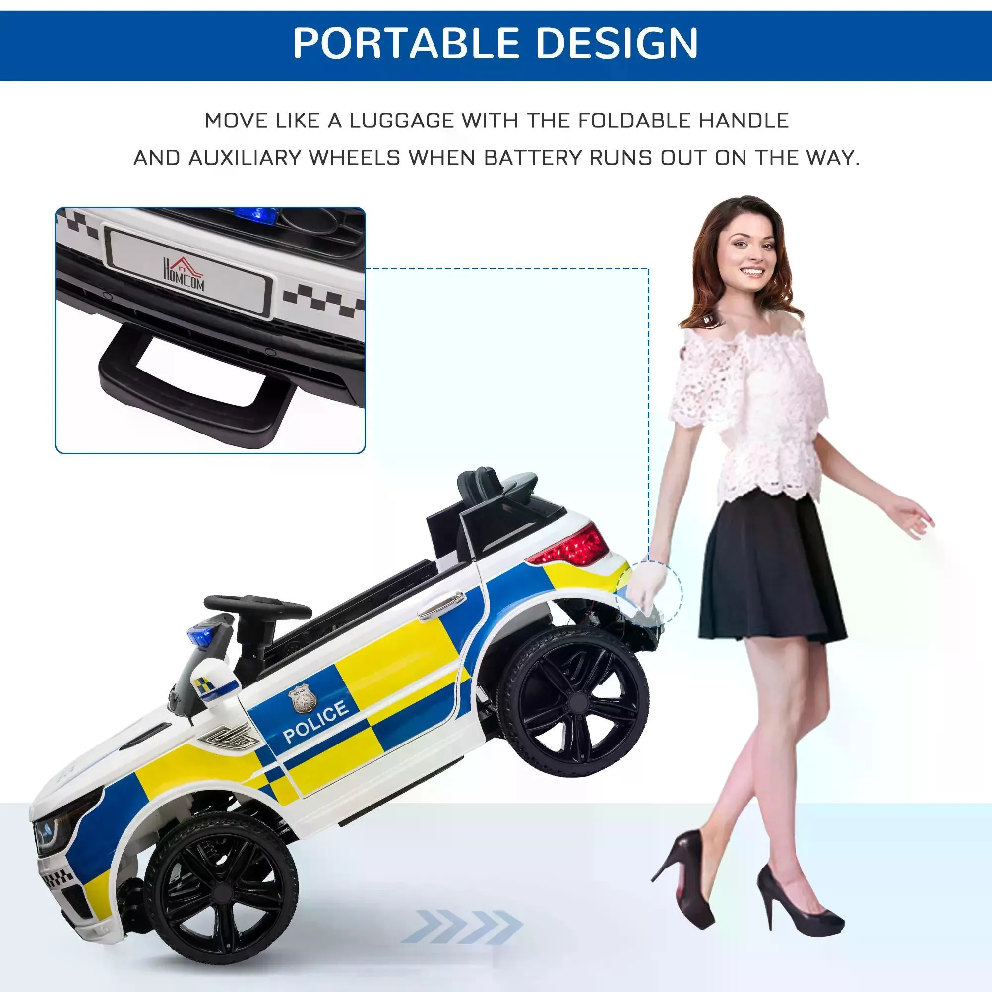 12V Kids Portable Electric Ride On Police Car with Parental Remote Control Siren Flashing Lights USB Bluetooth for 3-6 Years White