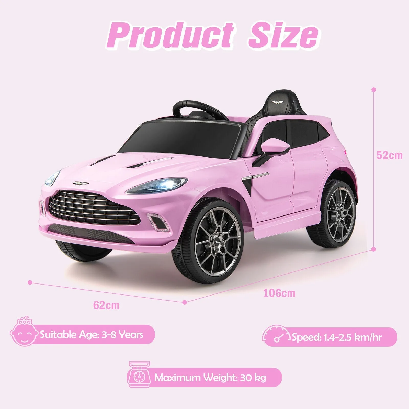 12V Licensed Aston Martin DBX Kids Ride On Car with Dual Lockable Doors-Pink