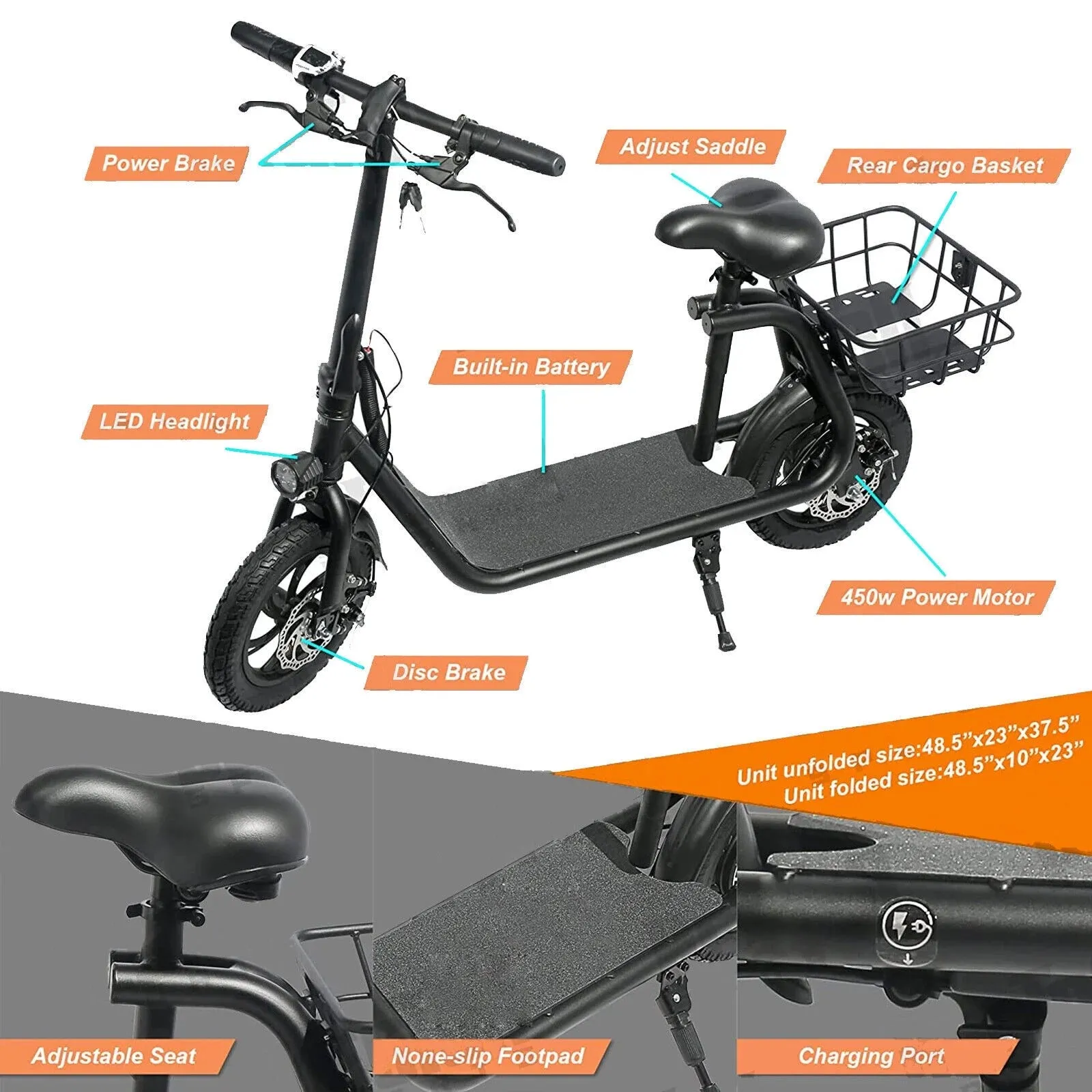 450W 36V Folding Sports Electric Scooters Bike E-Scooter with Seat Ebike Biycle Moped for Adult Commuter, Red