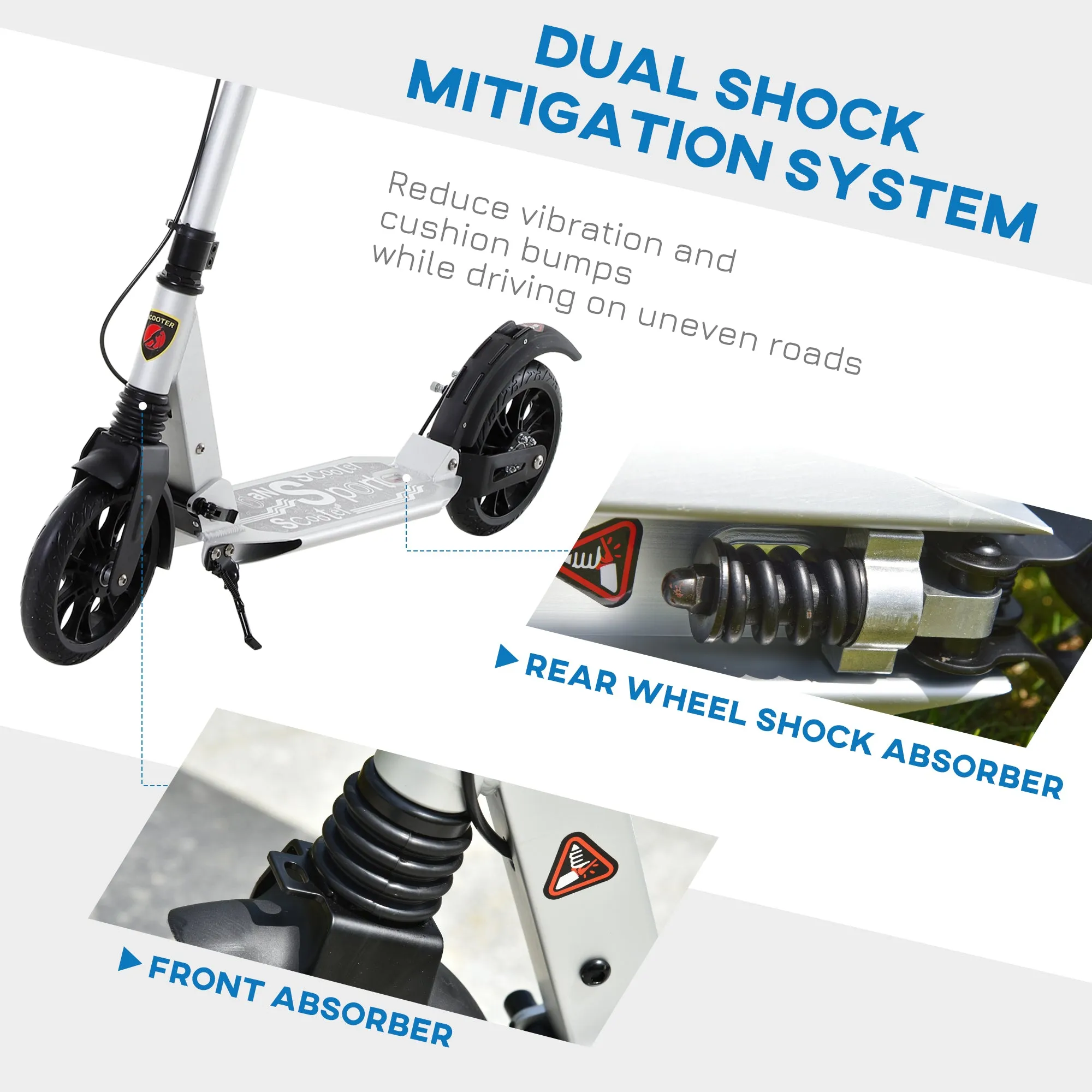 Adult Teens Kick Scooter Fold Adjust 14  w/ Rear Wheel&Hand Brake Silver