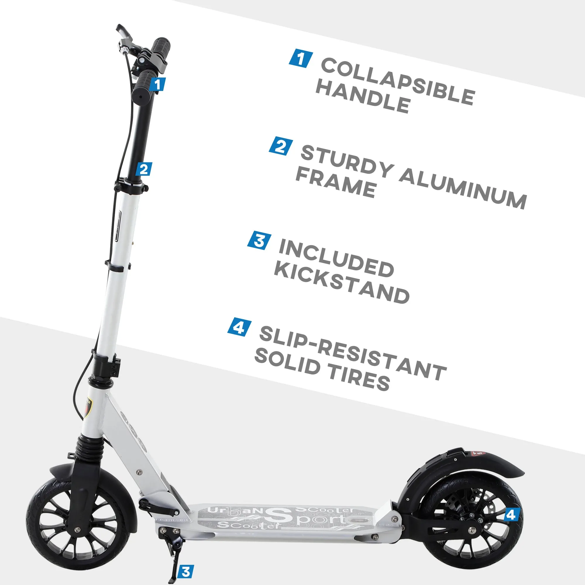 Adult Teens Kick Scooter Fold Adjust 14  w/ Rear Wheel&Hand Brake Silver