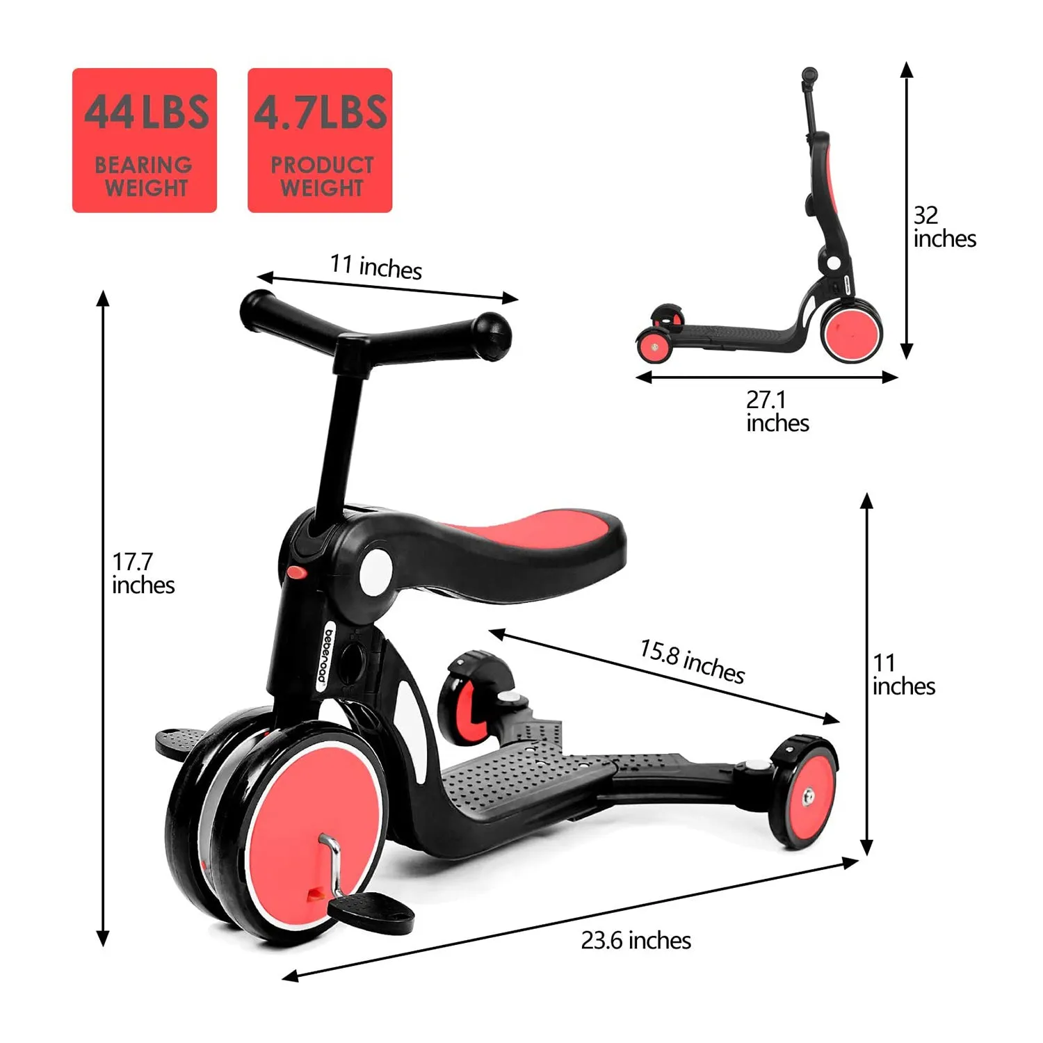 Beberoad Roadkid Plus 5 in 1 Multifunctional Scooter w/Push for Kids, Red (Used)