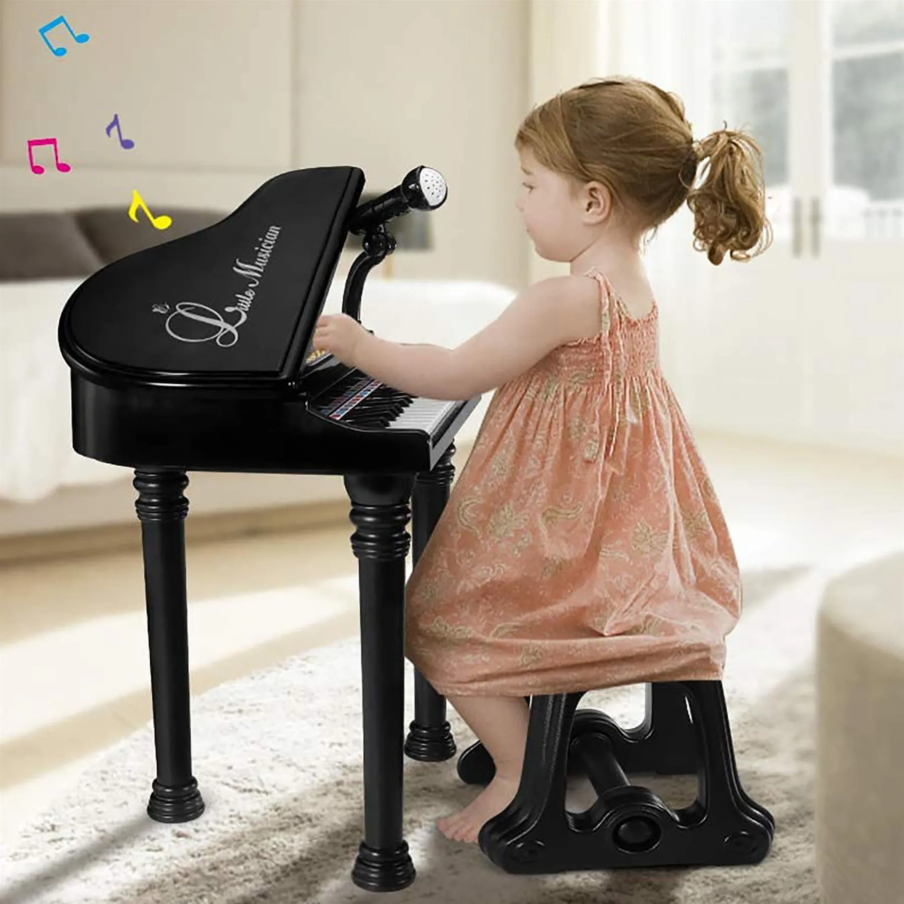 Black Electronic Piano With Microphone and Stool