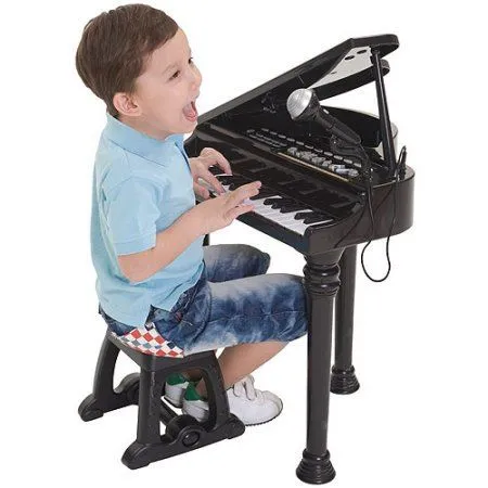 Black Electronic Piano With Microphone and Stool