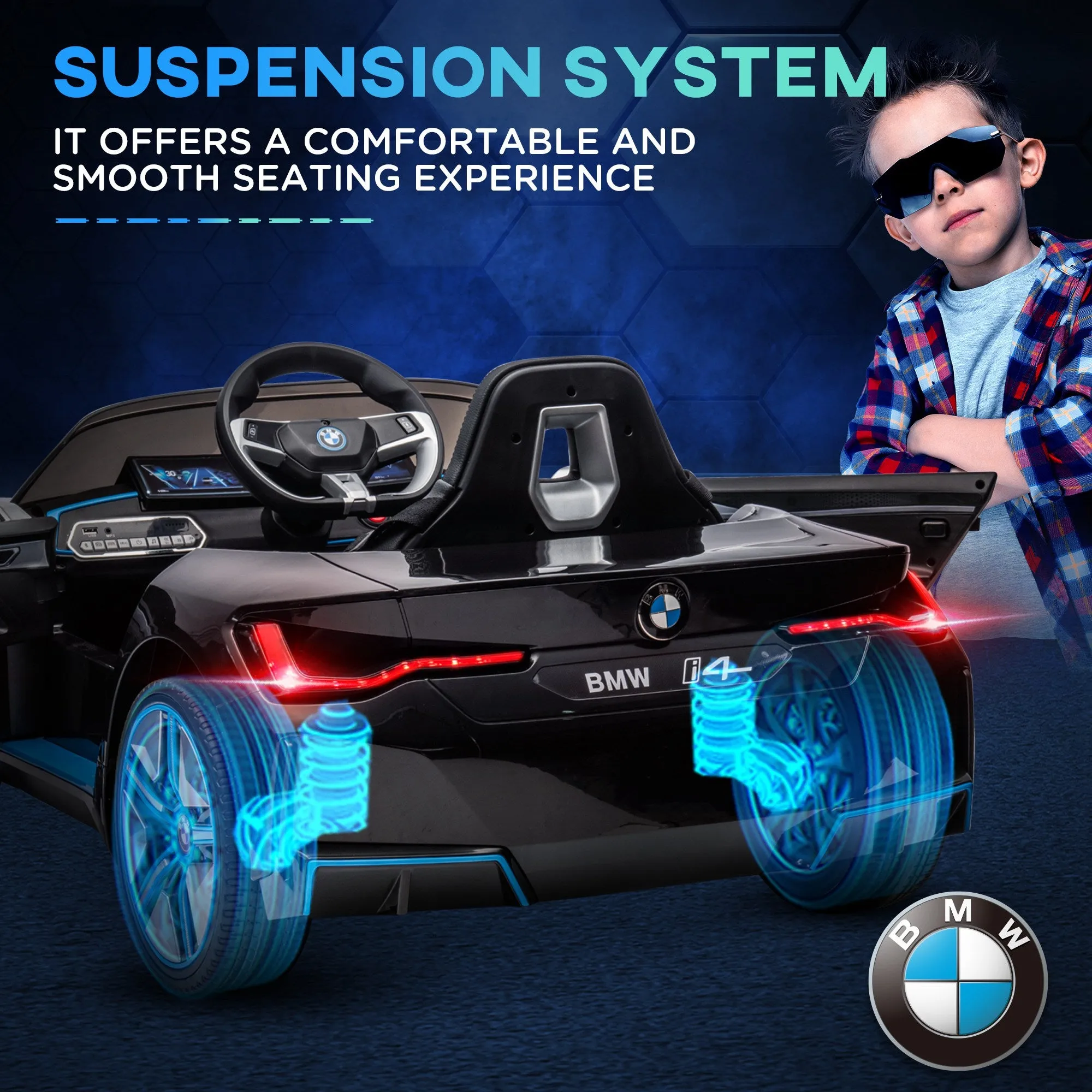 BMW i4 Licensed 12V Kids Electric Ride on Car w/ Remote Control, Powered Electric Car w/ Portable Battery, Music, Horn, Headlights