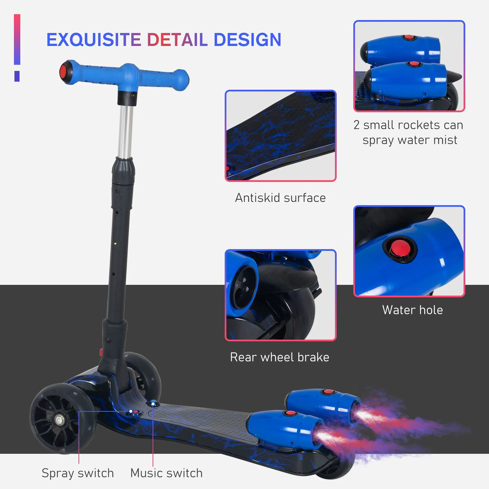 Child 3-Wheel Scooter Light Music Water Spray Rechargeable 3-6 Yrs Blue