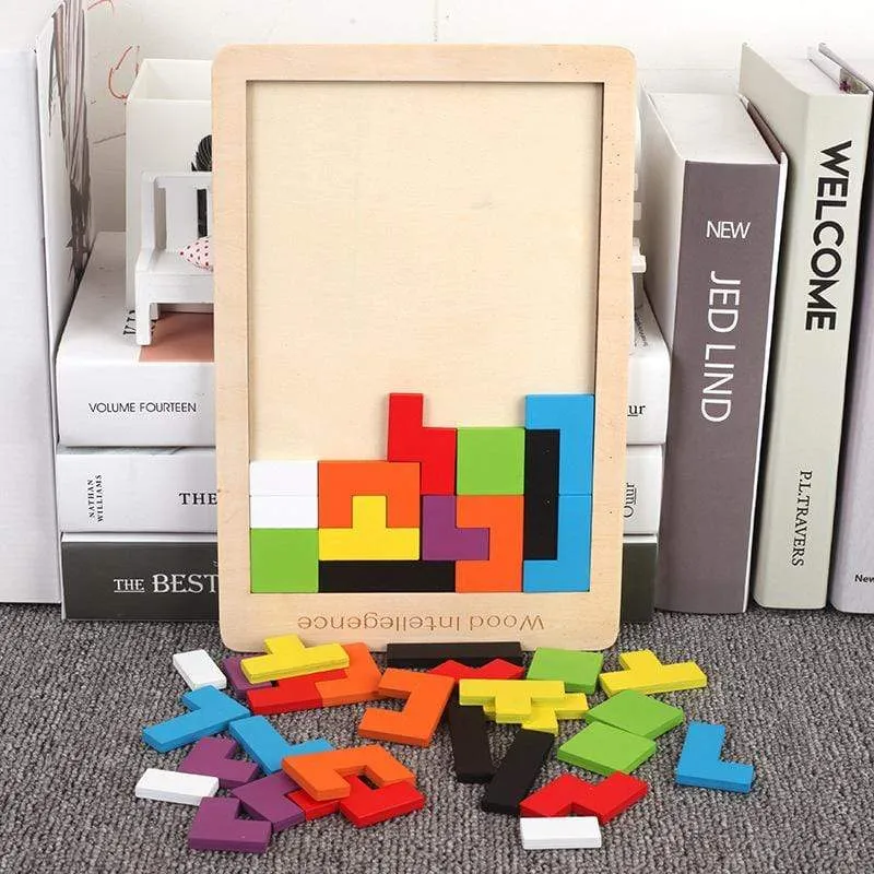 Colorful 3D Puzzle Wooden Tangram Math Toys Tetris Game Children Pre-school Magination Intellectual Educational Toy for Kids