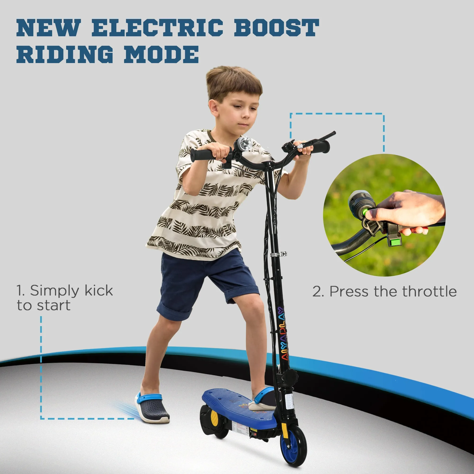 Foldable Electric Scooter, with LED Headlight, for Ages 7-14 Years - Blue