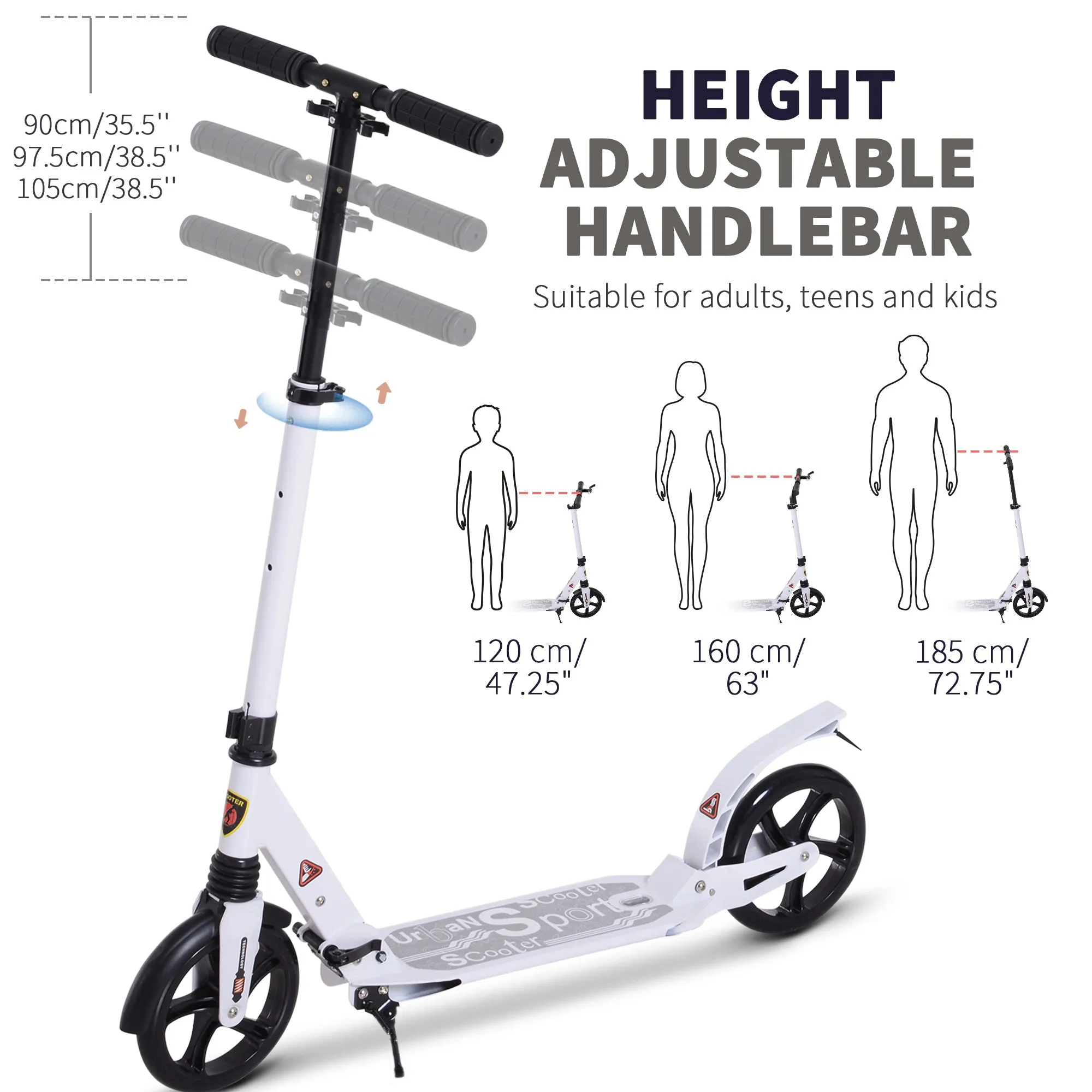 Folding Kick Scooter 2 Big Wheels Teens Adult 14  Adjustable Ride On White