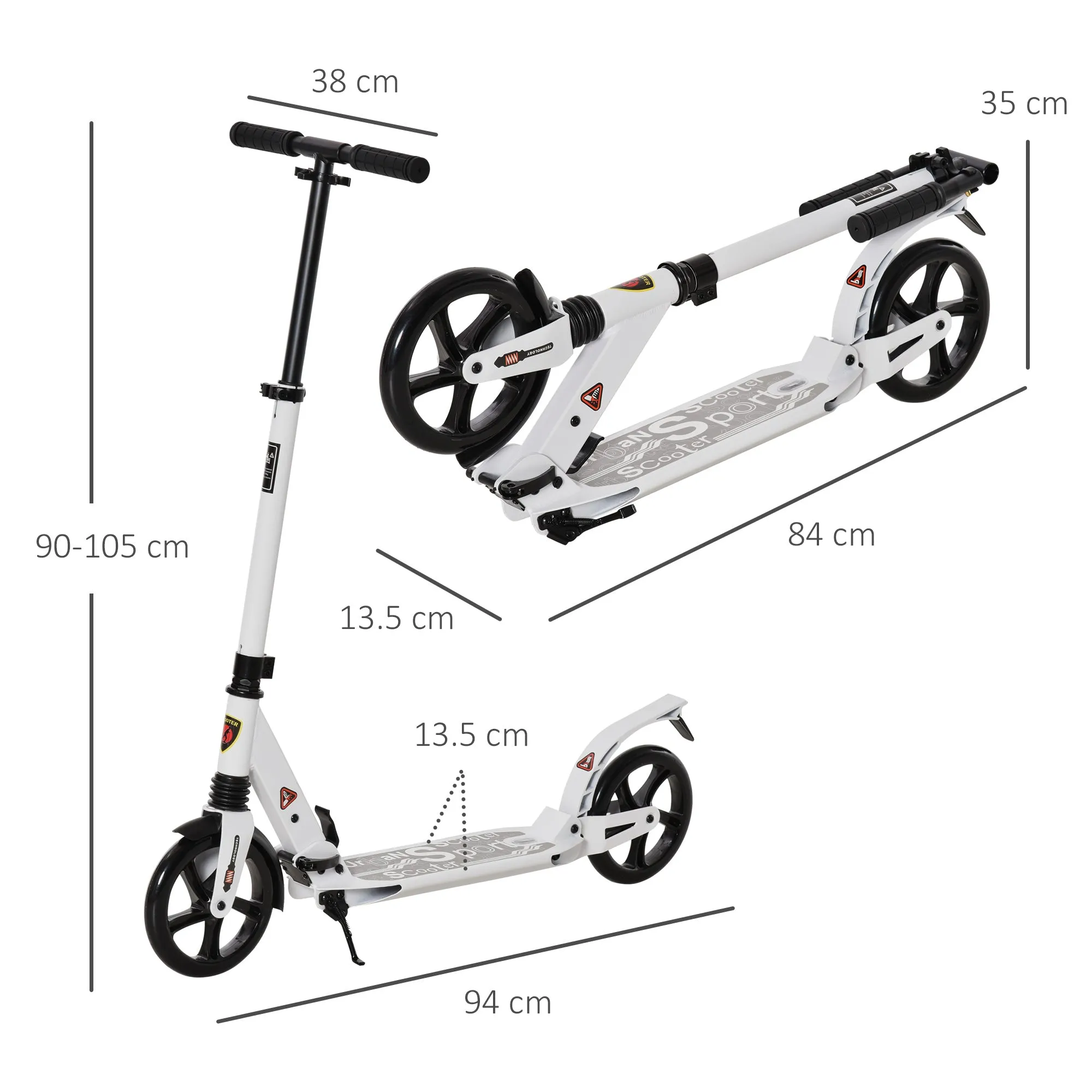 Folding Kick Scooter 2 Big Wheels Teens Adult 14  Adjustable Ride On White