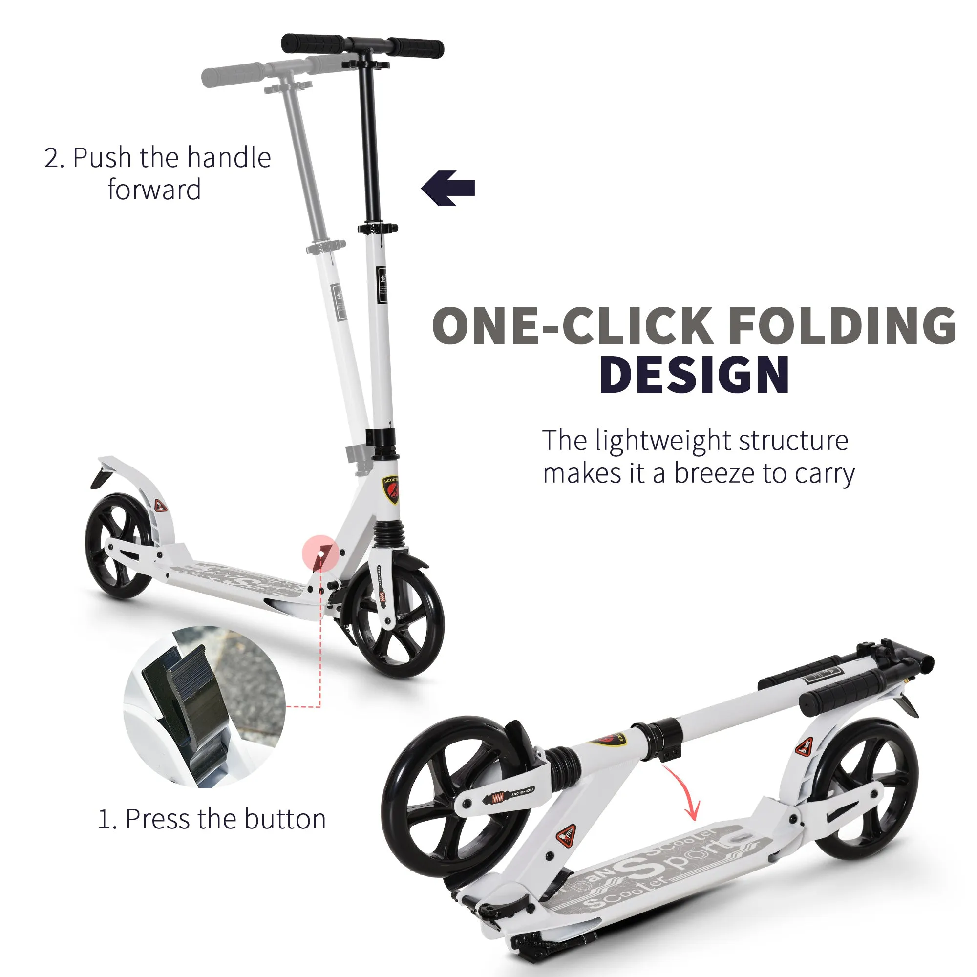 Folding Kick Scooter 2 Big Wheels Teens Adult 14  Adjustable Ride On White