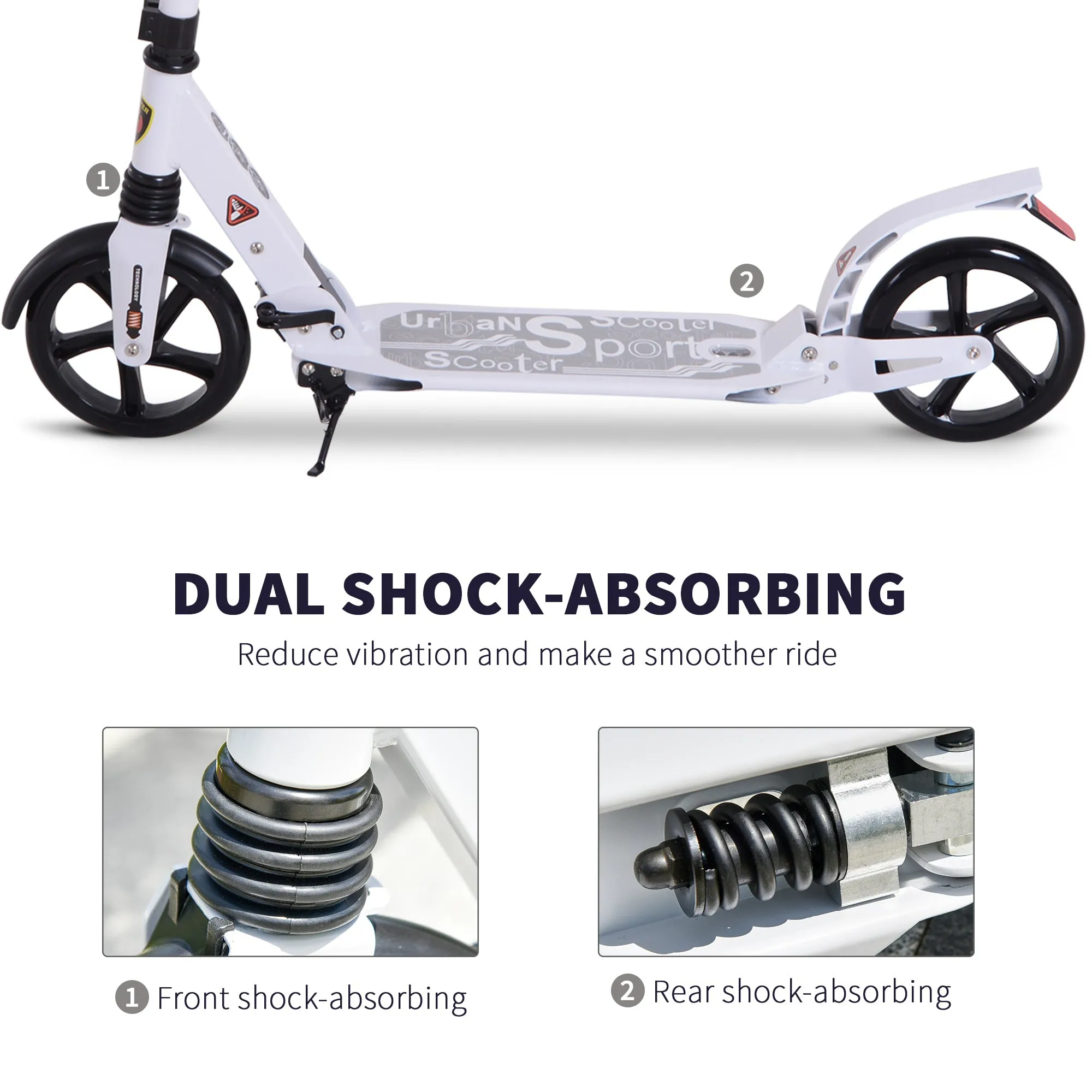 Folding Kick Scooter 2 Big Wheels Teens Adult 14  Adjustable Ride On White