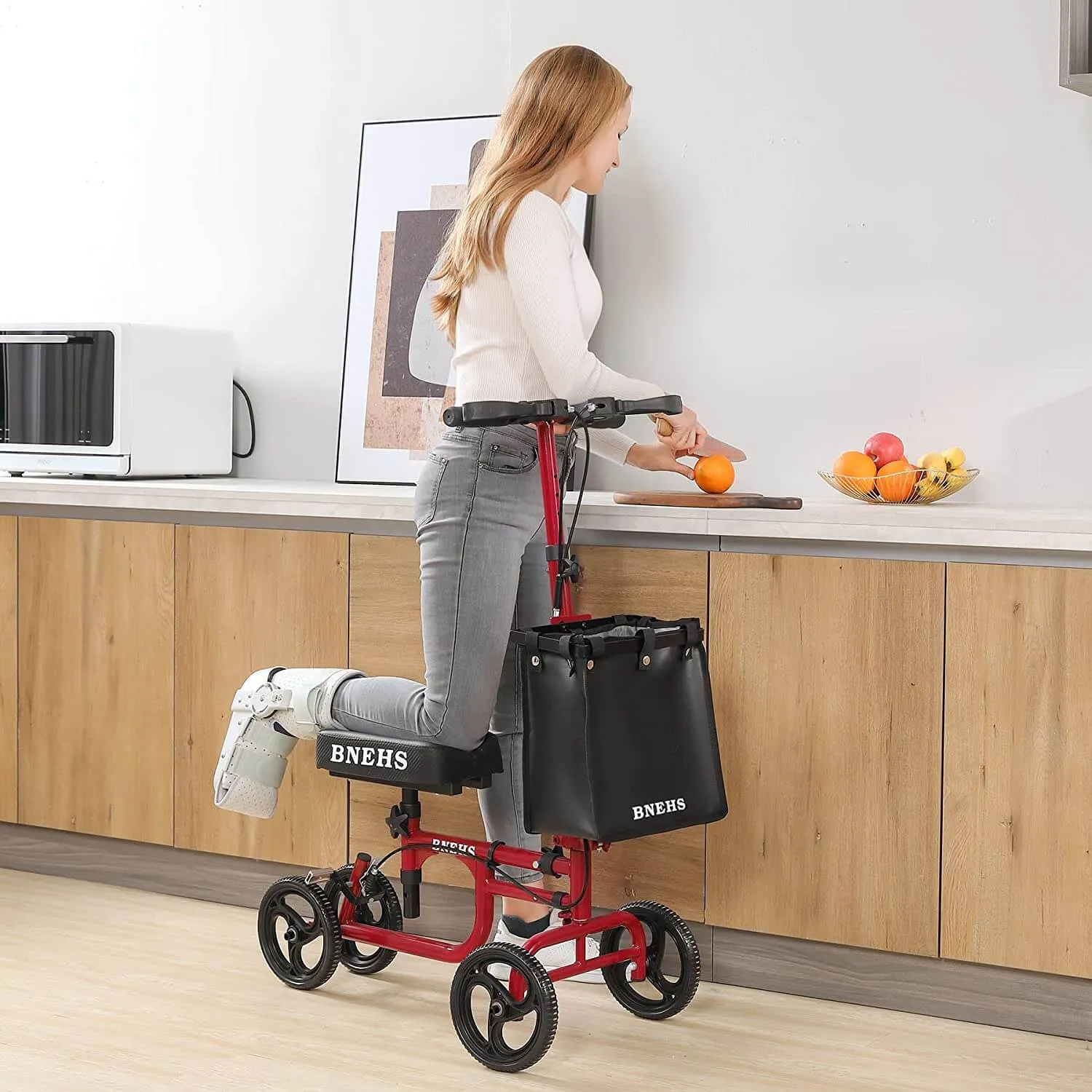 Knee Walker Steerable Knee Scooter for Foot & Ankle Injured Adults w/ 2 Hand Brake & Detachable Basket, Assembly Required,Red Frame