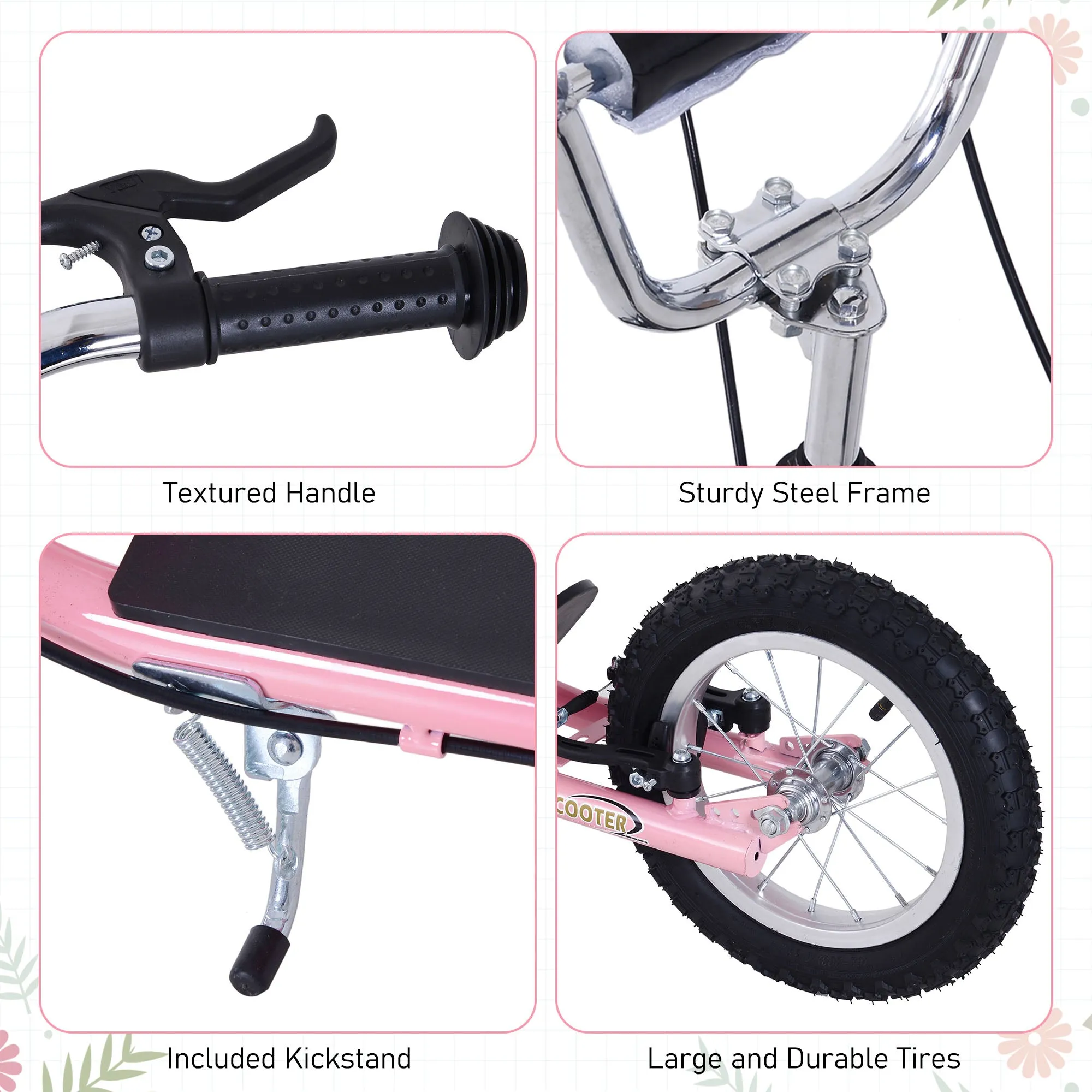 Teen Scooter Push Kick Scooters for Kids with Rubber Wheels Adjustable Handlebar Front Rear Dual Brakes Kickstand, for 5  Years, Pink