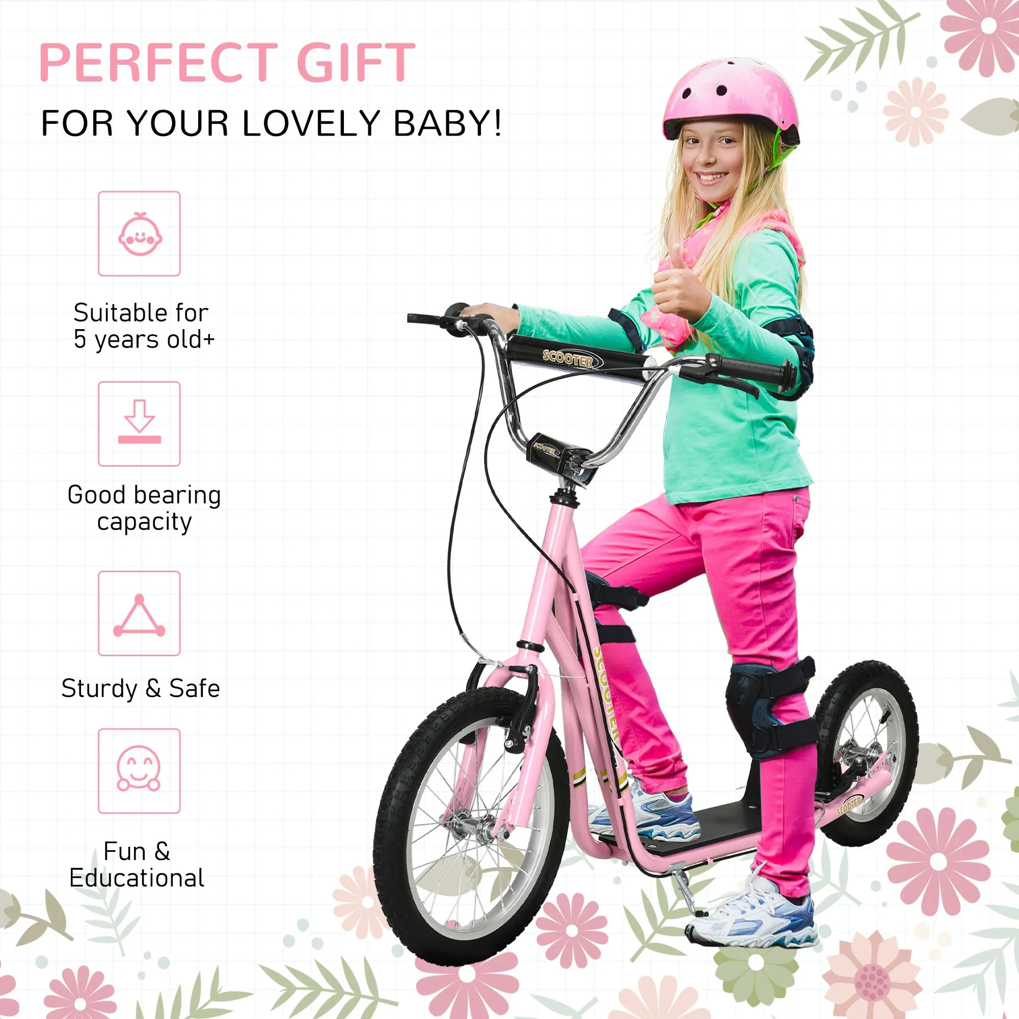 Teen Scooter Push Kick Scooters for Kids with Rubber Wheels Adjustable Handlebar Front Rear Dual Brakes Kickstand, for 5  Years, Pink