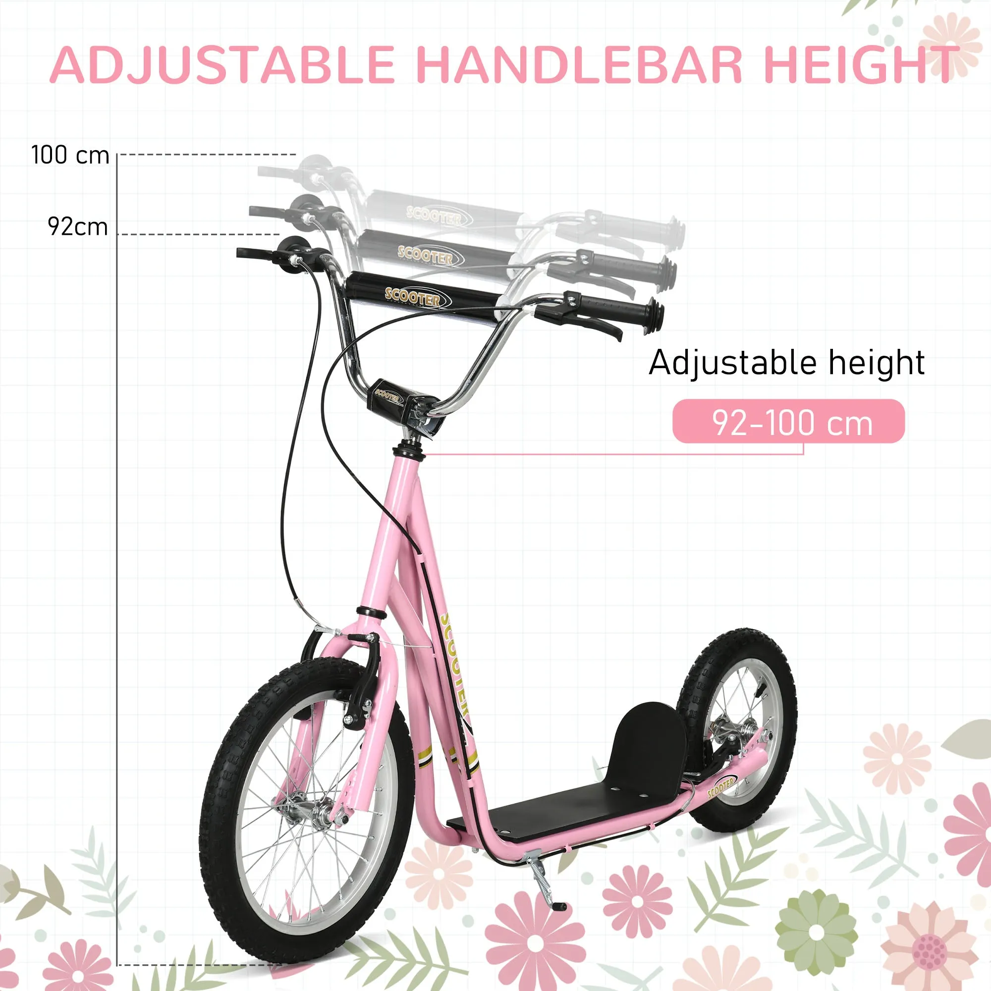 Teen Scooter Push Kick Scooters for Kids with Rubber Wheels Adjustable Handlebar Front Rear Dual Brakes Kickstand, for 5  Years, Pink