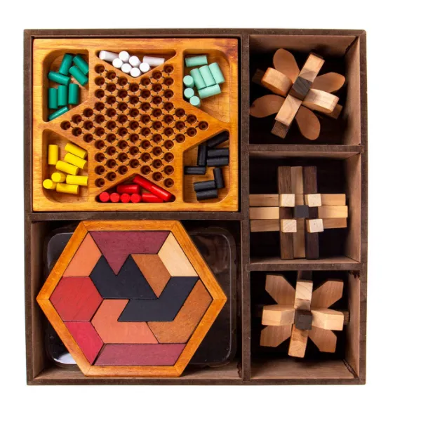 ThinkBox Wooden Educational Set: Mind Cube, Chinese Checkers, Tangram - Memory Skills, Creativity - 49-Piece Wood Set