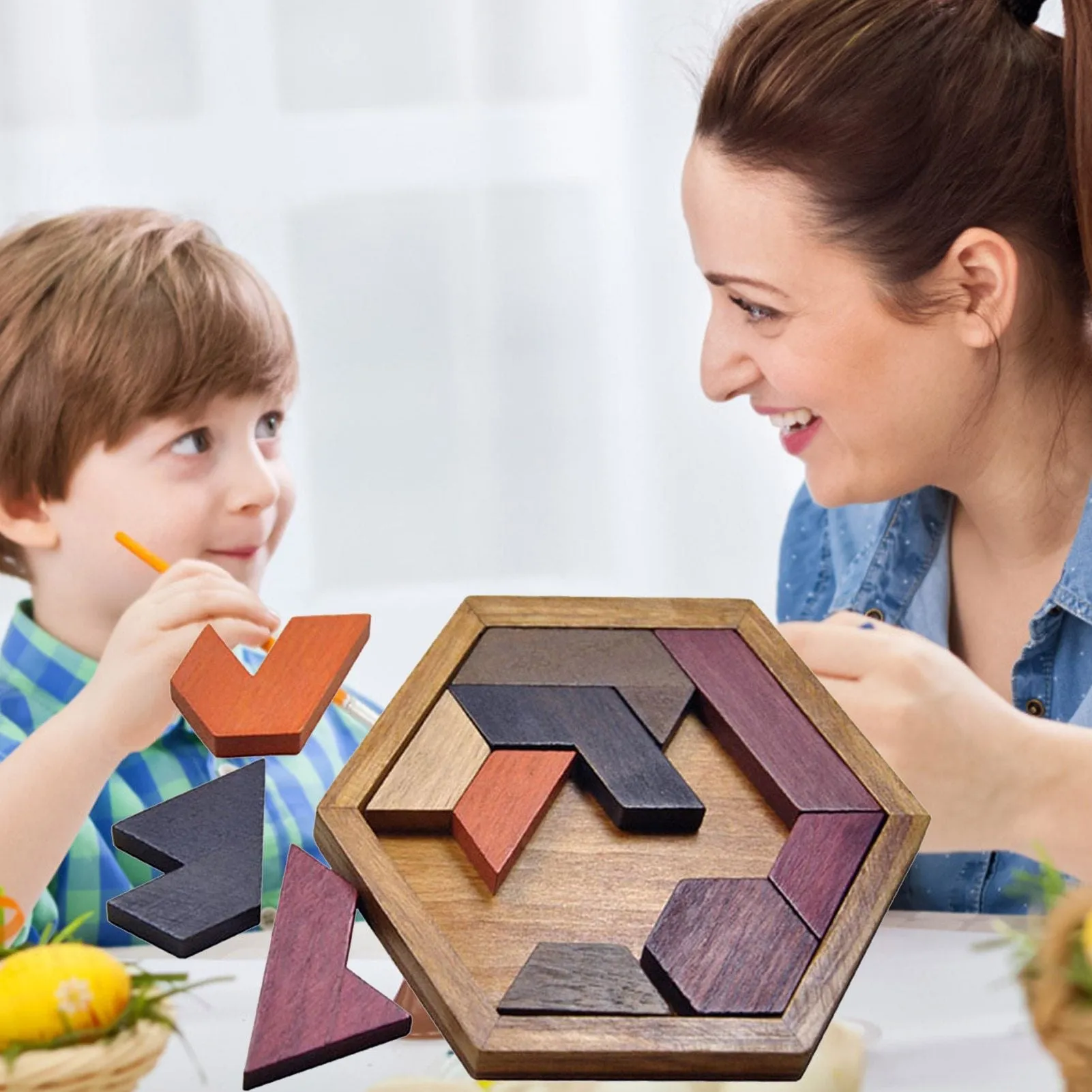 Wood Hexagon Jigsaw Puzzle Game Geometric Shape Cognitive Wooden Puzzles Adult Children Early Educational Toys for Kids