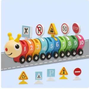 Wooden Caterpillar Train with Numbers & Traffic Sign